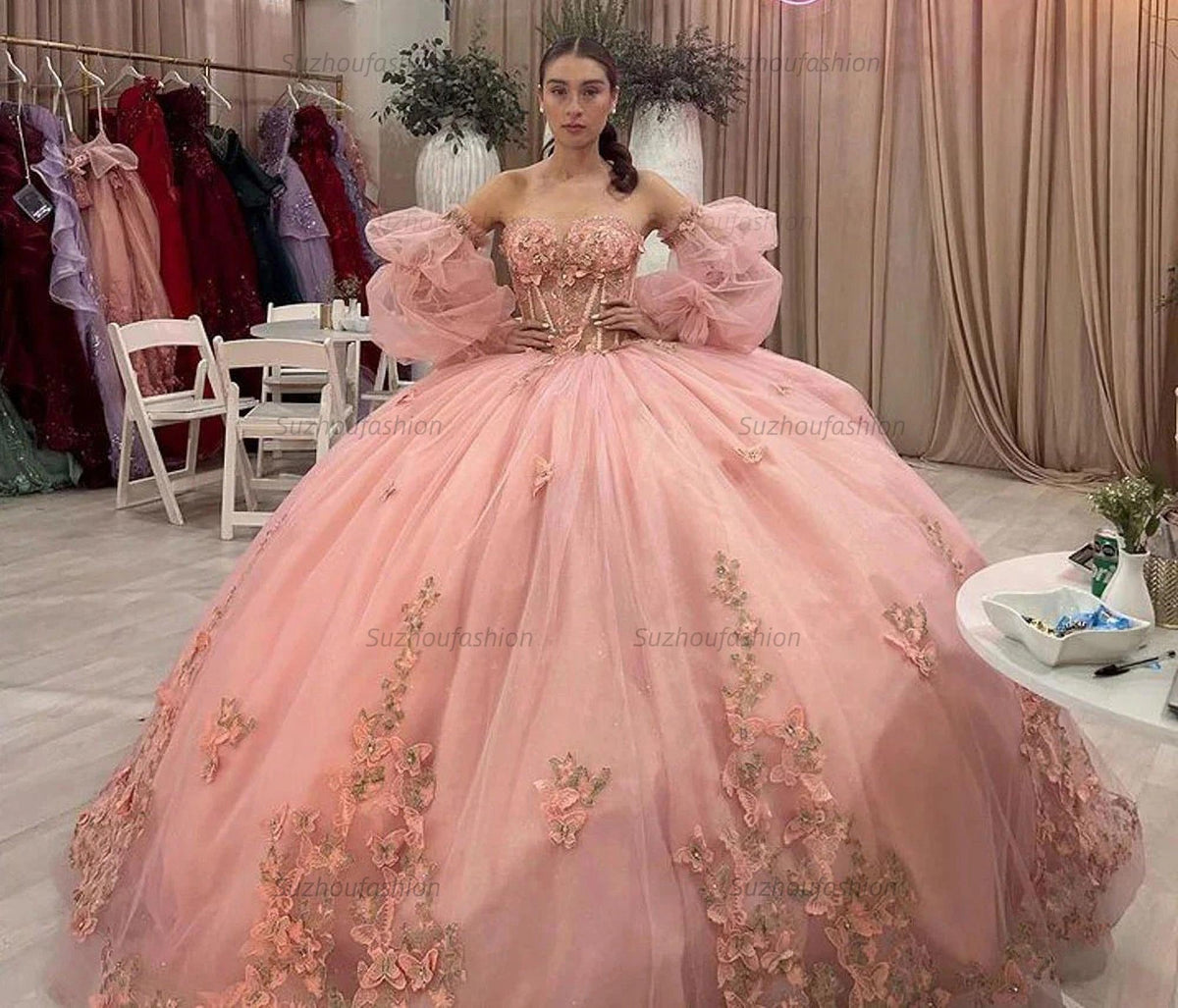 Chic Ball Gown Sweetheart Neck Puff Sleeves Beaded 3D Flowers Lace Appliques Pink Tulle Quinceanera Dress Princess Party Gown For Sweet 16