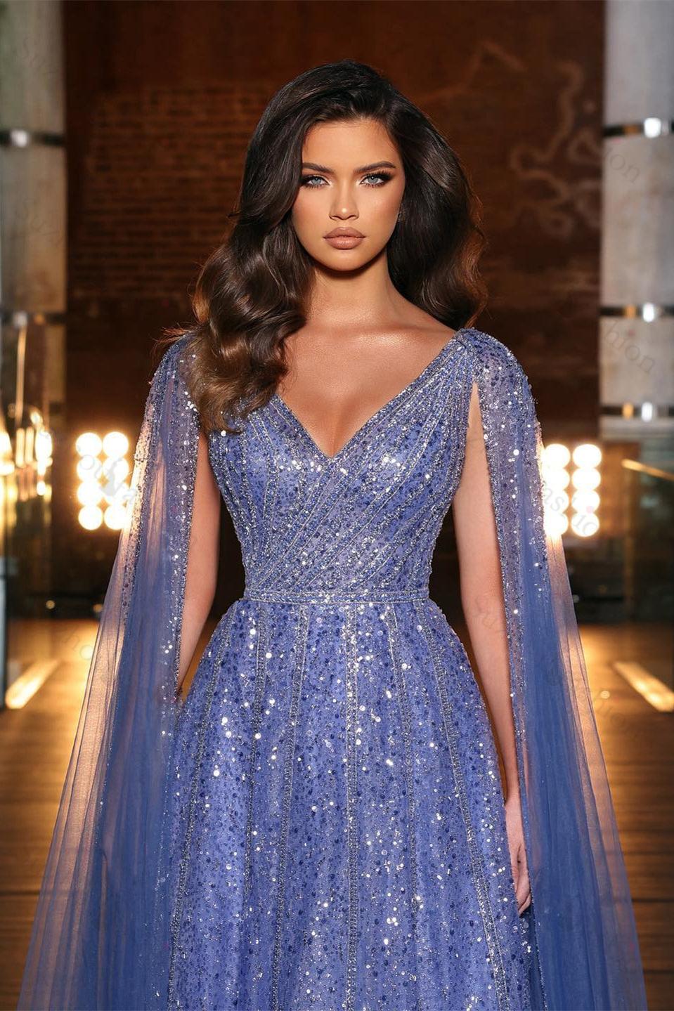 Chic Blue Long V-neck Beading Evening Dress With Ruffles Online