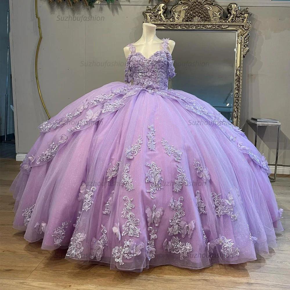 Chic & Cute Ball Gown Off Shoulder Lace Applique Beaded Tiered Ruffles Lilac Tulle Quinceanera Dress Birthday Party Princess Gown For Sweet 16