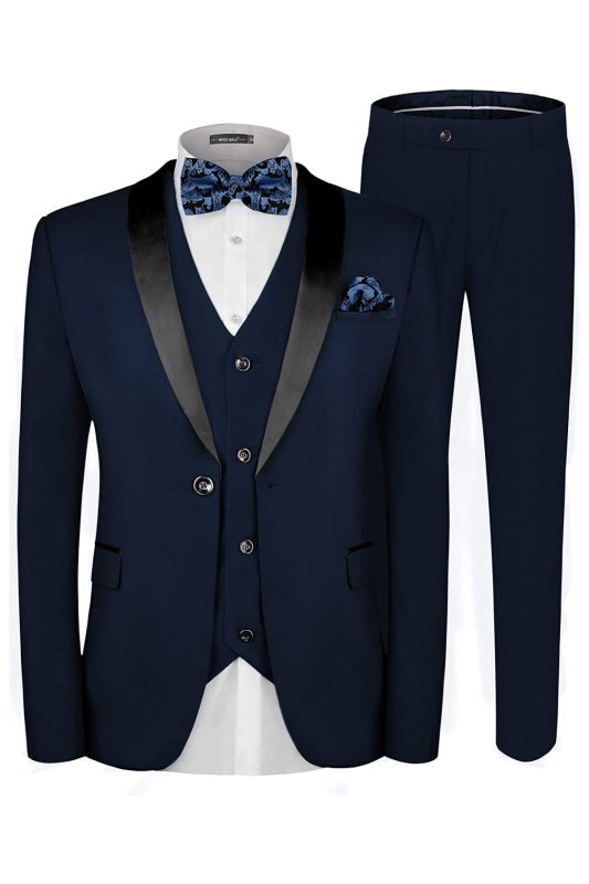 Chic Dark Blue Shawl Lapel 3 Piece Wedding Suit for Men