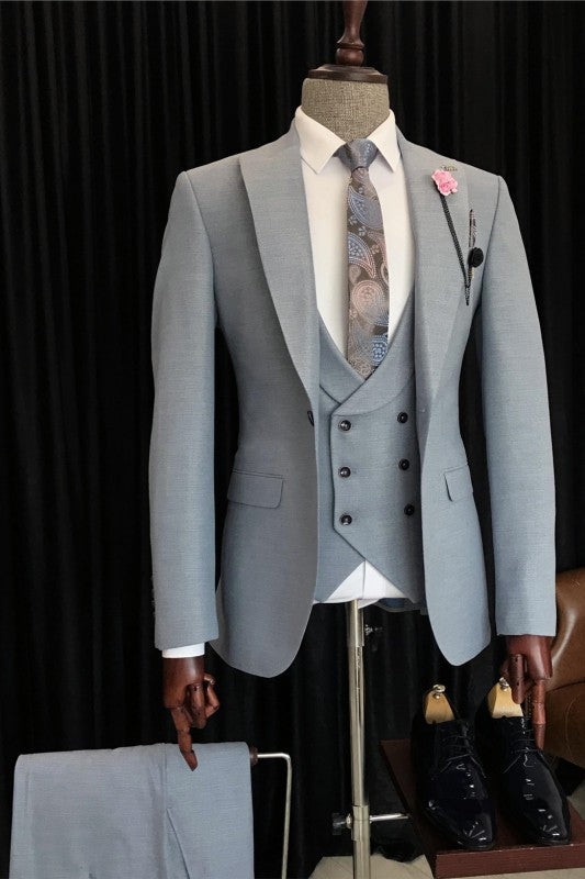 Chic Gray Peaked Lapel 3 Piece Men's Business Suit