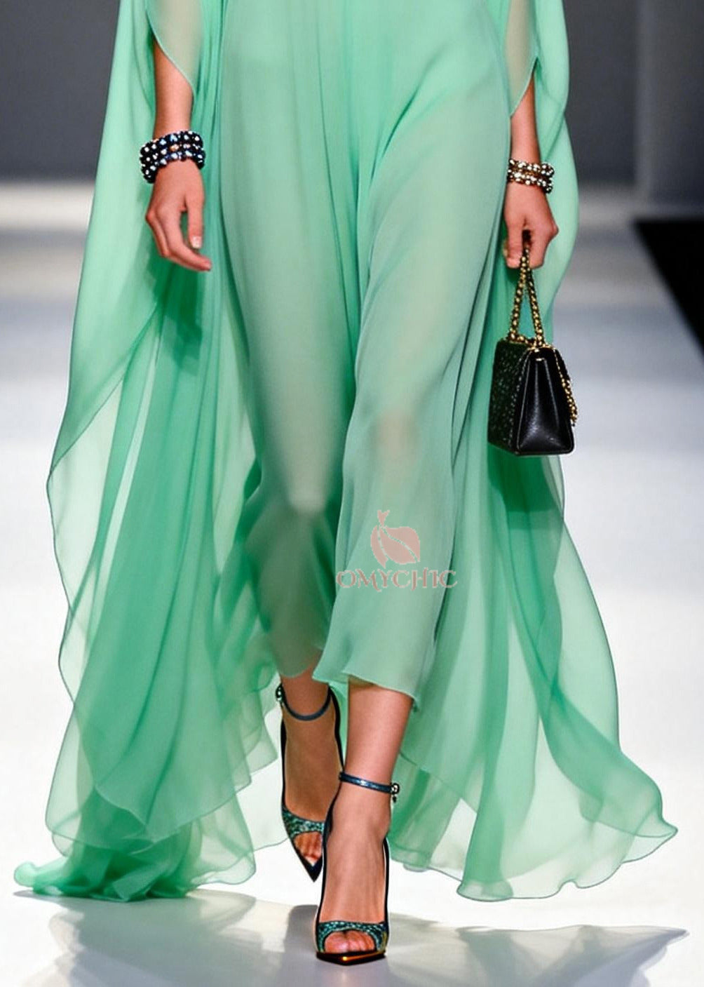 Chic Green Notched Patchwork Exra Large Hem Chiffon Dress Summer