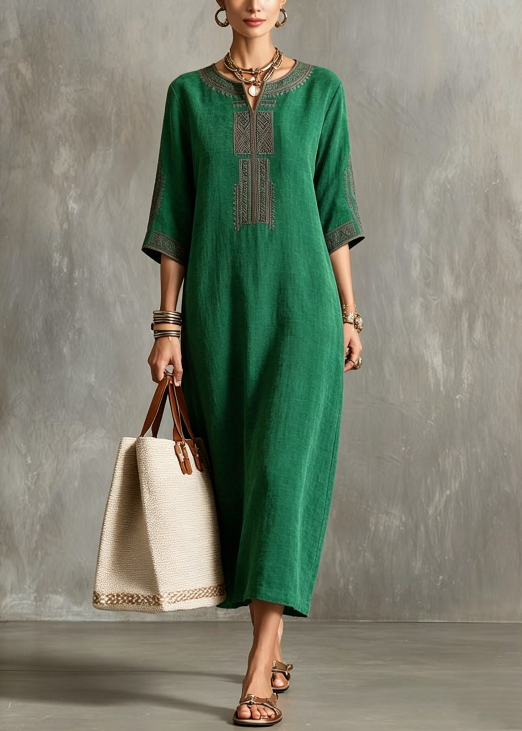 Chic Green V Neck Patchwork Silk Long Dresses Half Sleeve