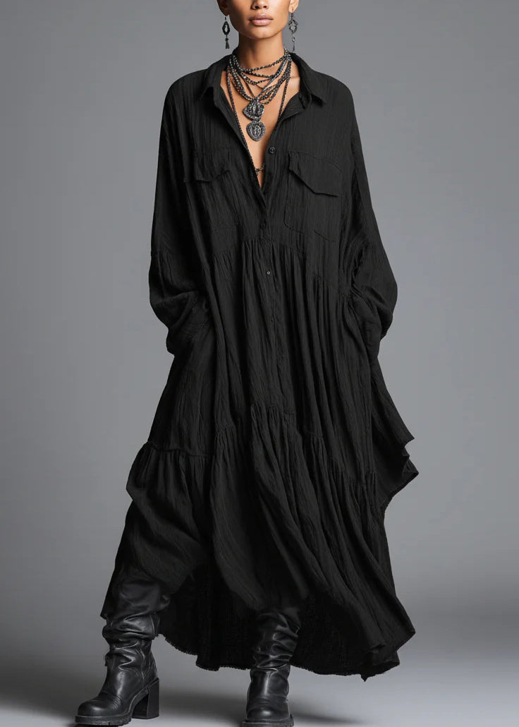 Chic Grey Peter Pan Collar Wrinkled Patchwork Cotton Dress Long Sleeve