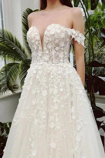 Chic Long Ivory A-line Off-the-shoulder V-neck Sleeveless Wedding Dress with Lace (ZD15571) - View 2 | VelvetHem