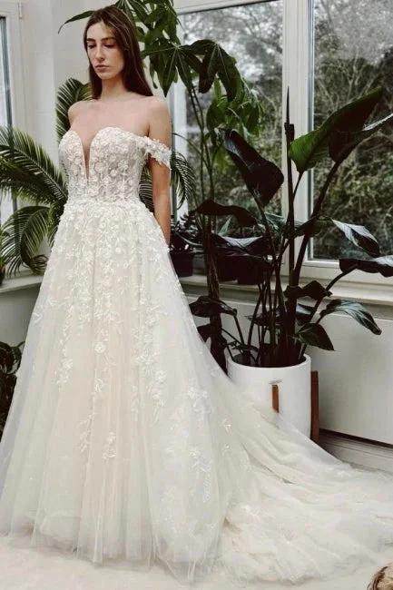 Chic Long Ivory A-line Off-the-shoulder V-neck Sleeveless Wedding Dress with Lace (ZD15571) - VelvetHem