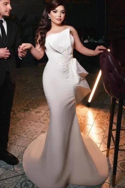 Chic Long Mermaid Simple Satin Strapless Wedding Dress With Lace (ZD15615)
