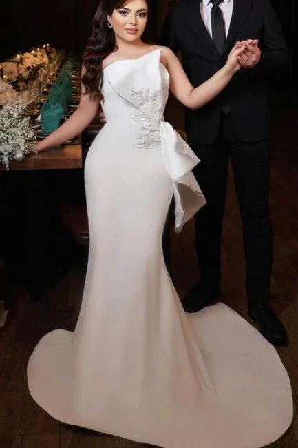 Chic Long Mermaid Simple Satin Strapless Wedding Dress With Lace (ZD15615)