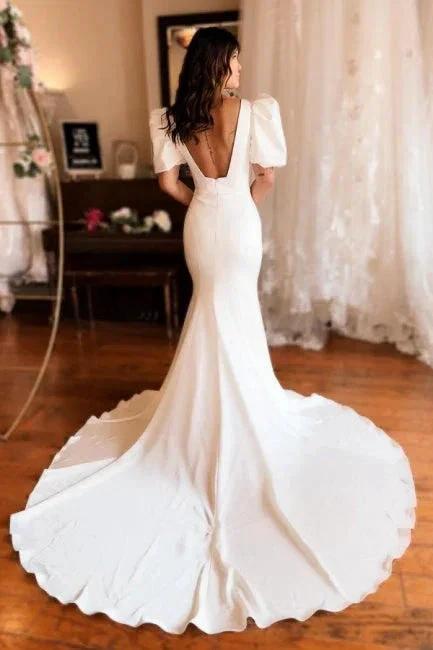 Chic Long Mermaid Square Neck Satin Backless Wedding Dress With Short Sleeves (ZD15604)