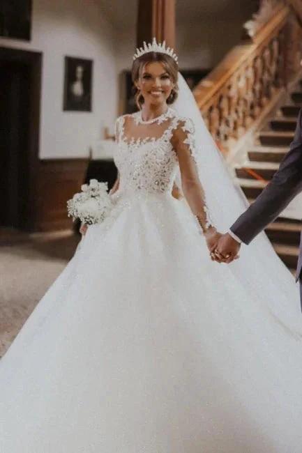 Chic Long White A-line Lace Tulle Wedding Dress with Long Sleeves (ZD15591)