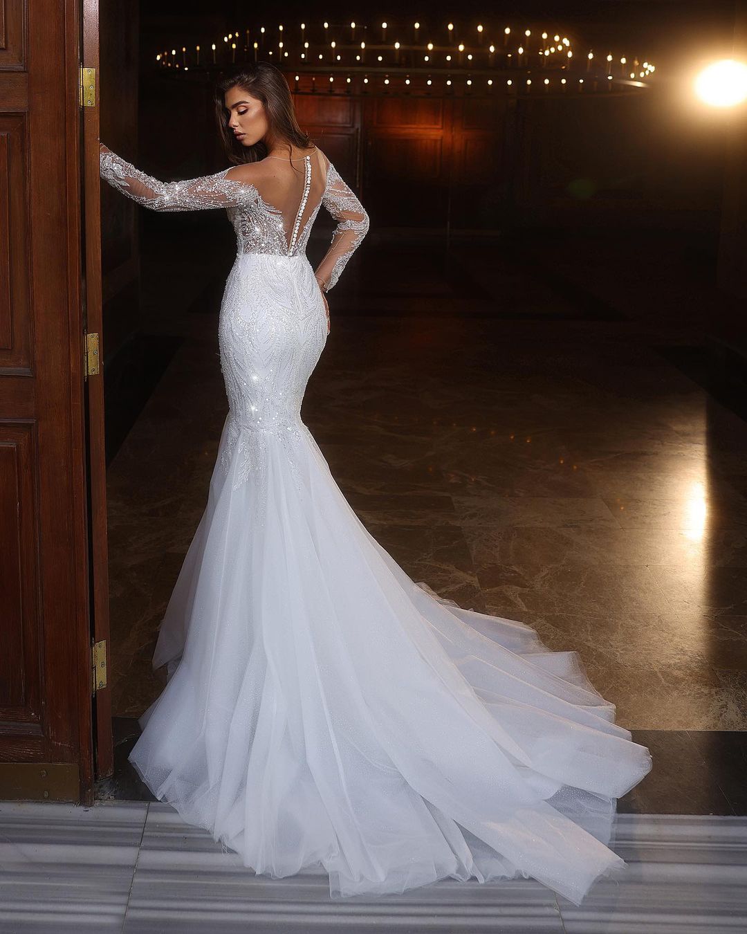 Chic Long White Mermaid Lace Beaded Tulle Long Sleeve Wedding Dress (ZD17473)
