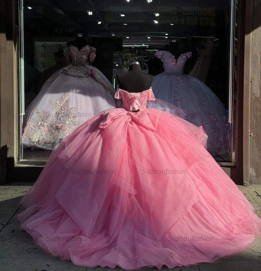 Chic & Modern Ball Gown Off Shoulder Sweetheart Corset Ball Gown Strapless Off Shoulder Beaded Tiered Pink Tulle Princess Formal Evening Party Gown Quinceanera Dress For Sweet 16
