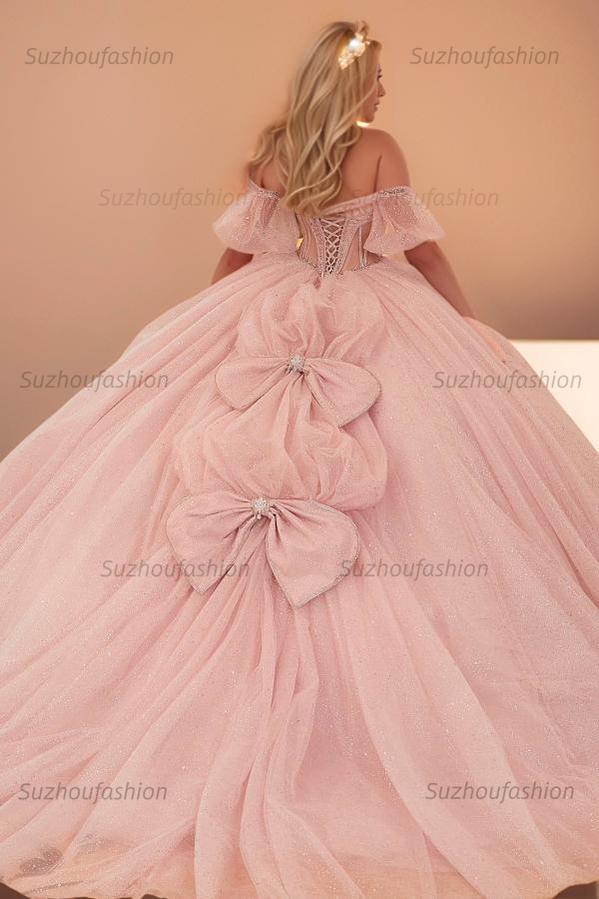 Chic & Modern Ball Gown Sweetheart Neck Detachable Half Lantern Sleeves Beaded Sequins Bow Knots Baby Pink Glitter Tulle Quinceanera Dress Birthday Party Princess Dress For Sweet 16