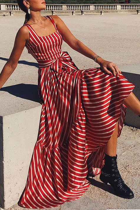 Chic Red Stripe Sleeveless Maxi Dress - Fashionpara