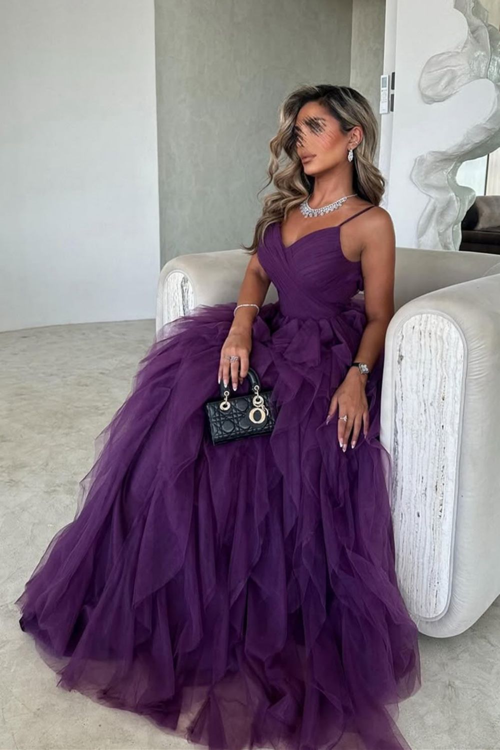 Chic A-Line Purple Spaghetti Straps Backless Long Ruffle Tulle Party Dress