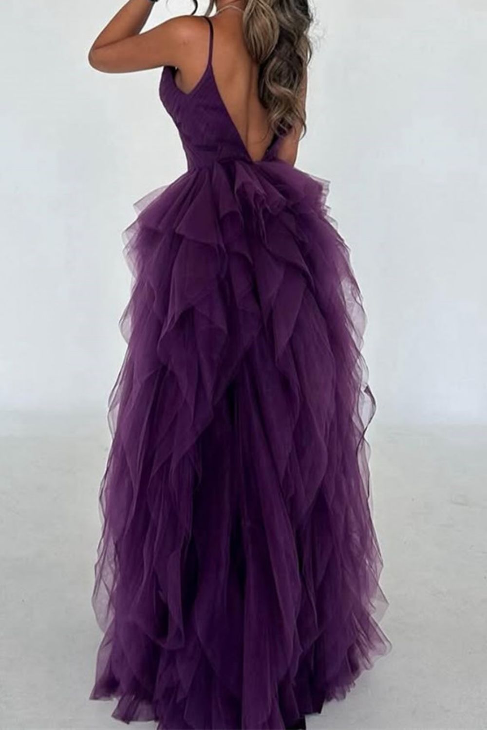 Chic A-Line Purple Spaghetti Straps Backless Long Ruffle Tulle Party Dress