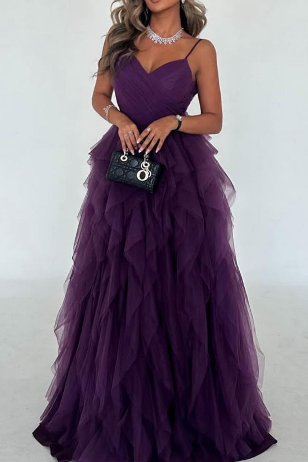Chic A-Line Purple Spaghetti Straps Backless Long Ruffle Tulle Party Dress