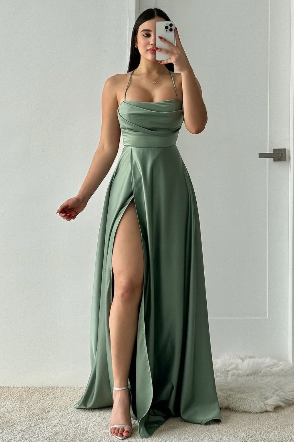 Chic A-Line Spaghetti Straps Lace Up Long Satin Prom Dress - FashionDia