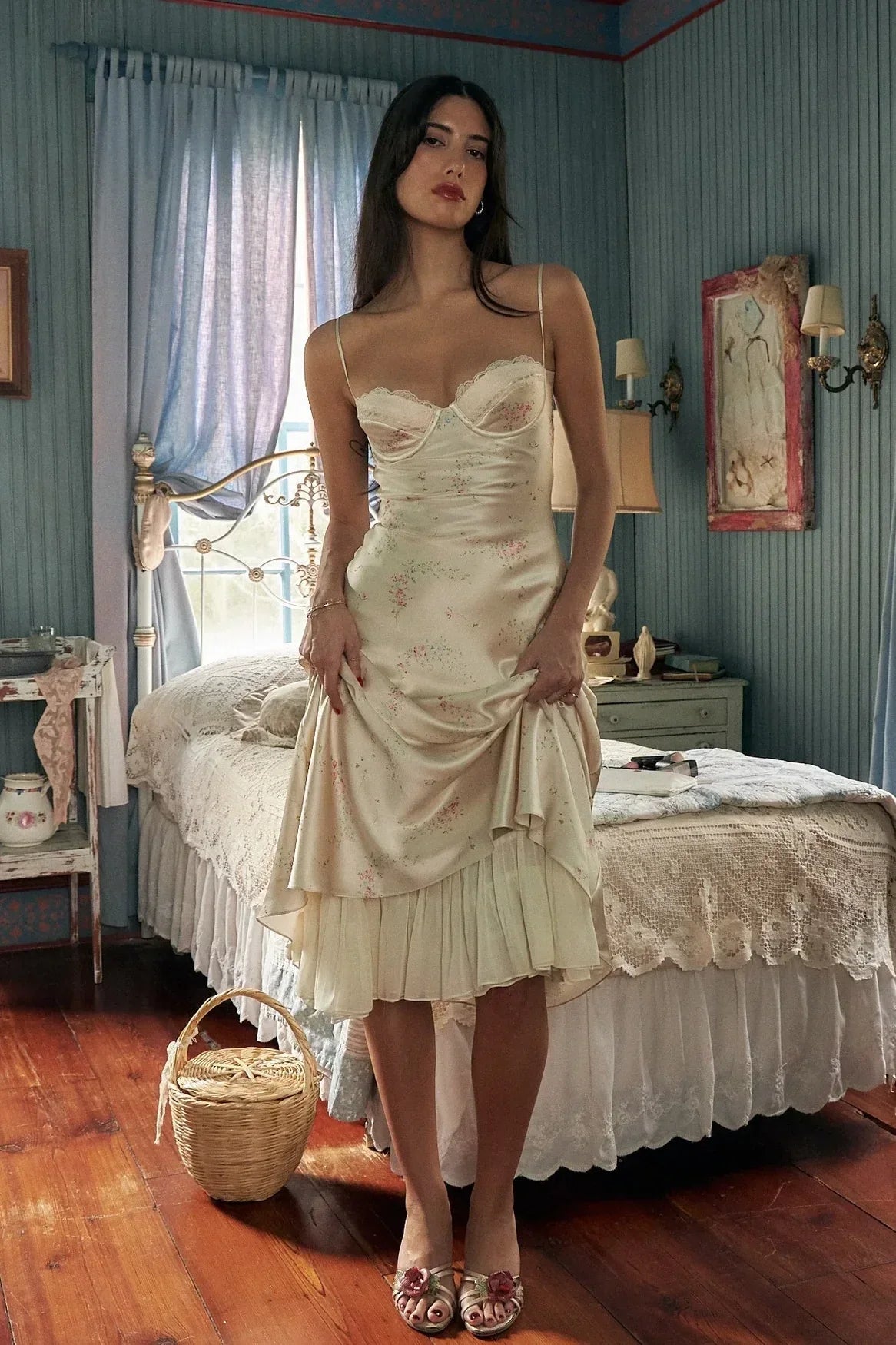 Chic A Line Spaghetti Straps Light Champagne Printed Tea Length Party Dress with Ruffles