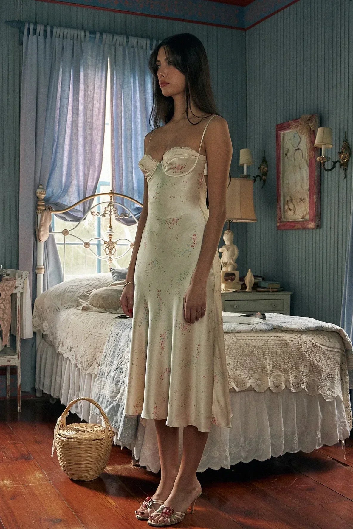Chic A Line Spaghetti Straps Light Champagne Printed Tea Length Party Dress with Ruffles