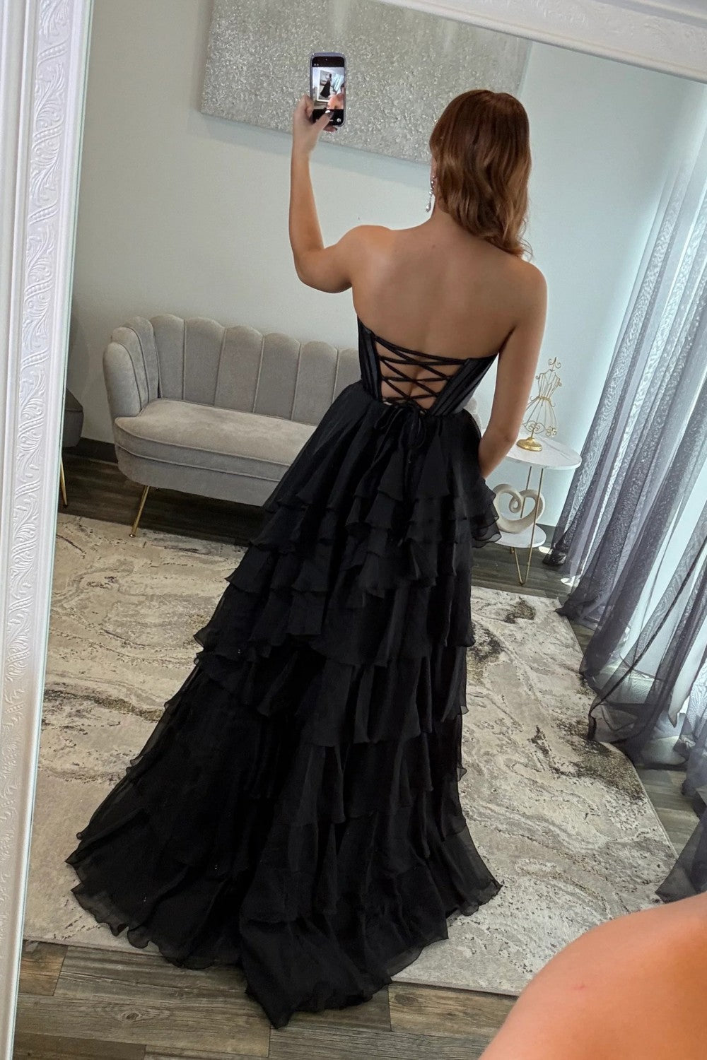 Elegant A-Line Sweetheart Black Corset Prom Dress with Ruffles - View 2 | FashionDia
