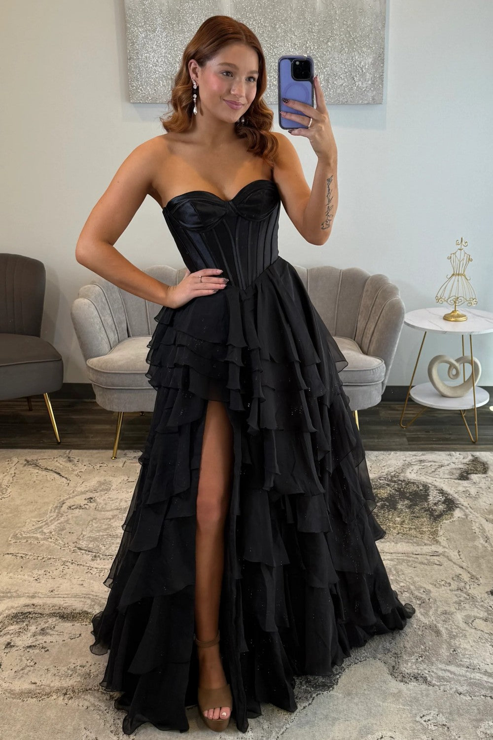 Elegant A-Line Sweetheart Black Corset Prom Dress with Ruffles - FashionDia