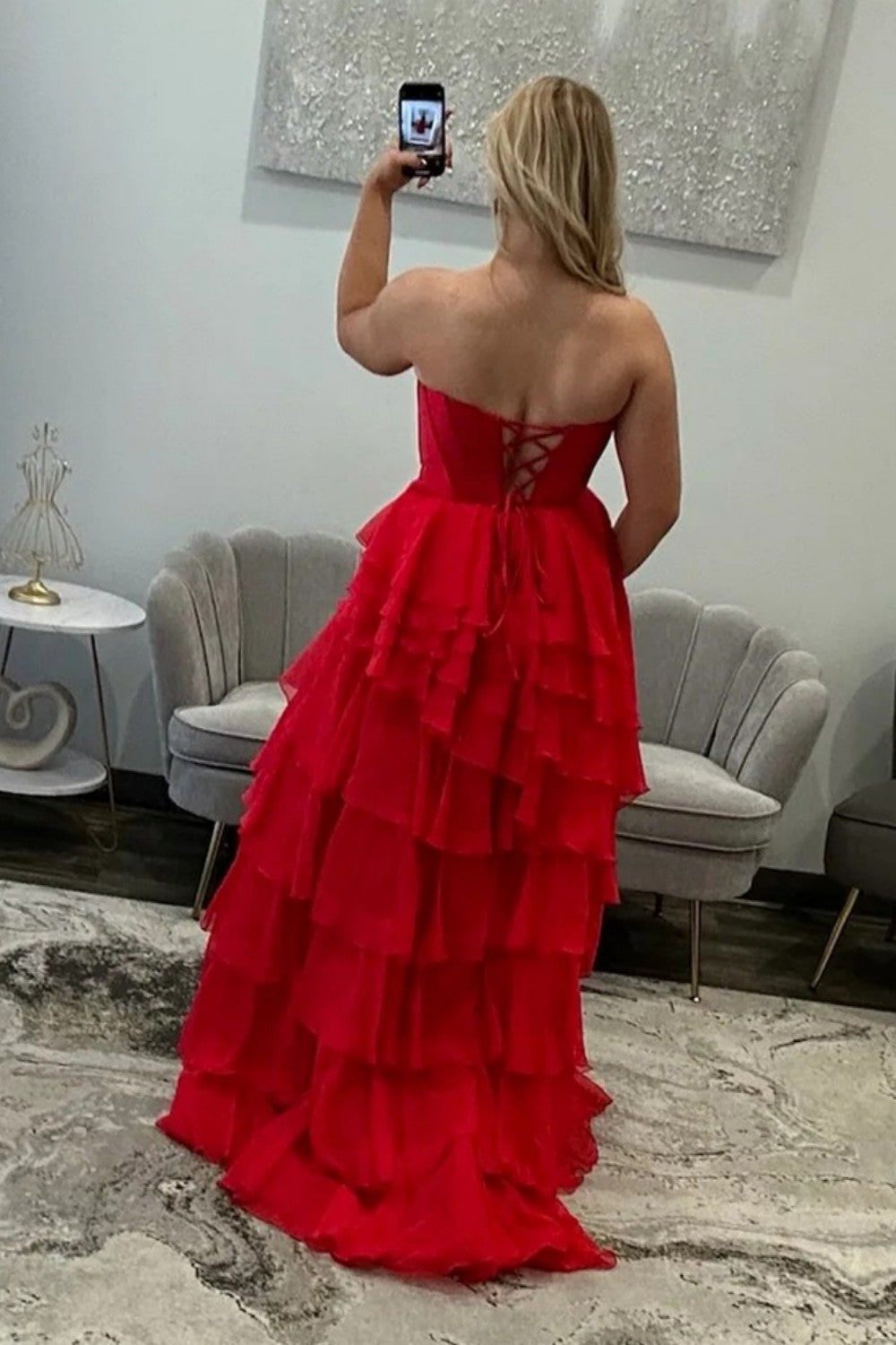 Elegant A-Line Sweetheart Black Corset Prom Dress with Ruffles - View 7 | FashionDia