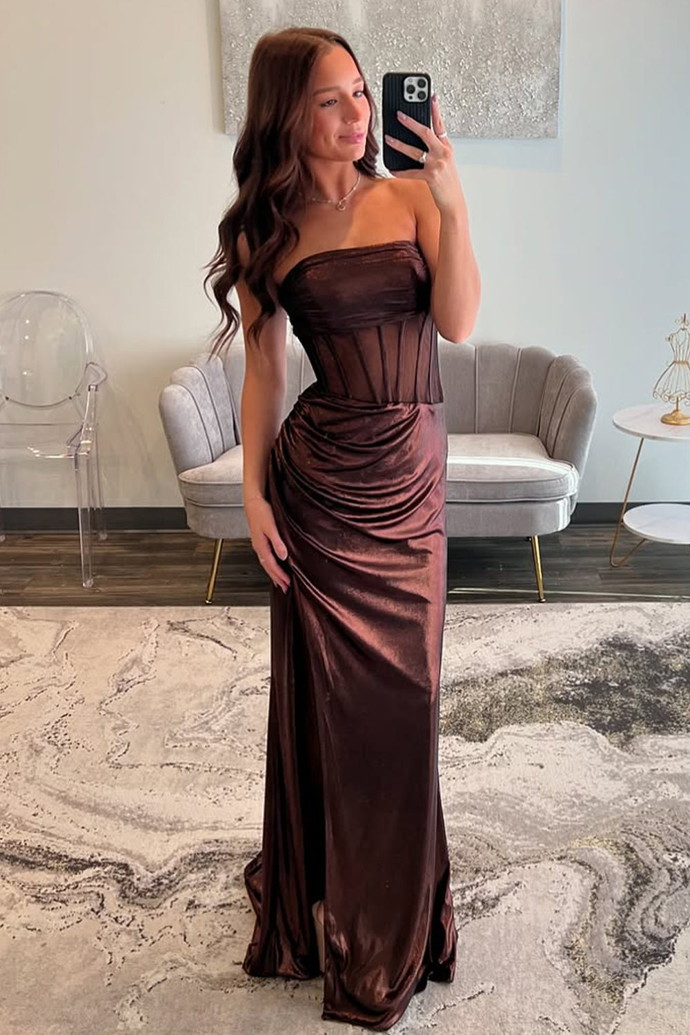 Chic Mermaid Strapless Long Brown Metallic Prom Dress with Leg Slit - FashionDia