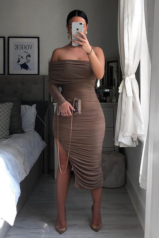 Chic Brown One Sleeve Party Homecoming Dress - Fashionpara