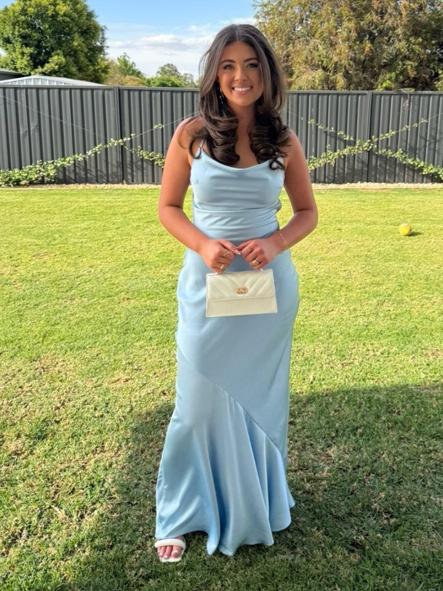 Chic Light Blue Satin Cowl Neck Mermaid Prom Dress - FashionDia