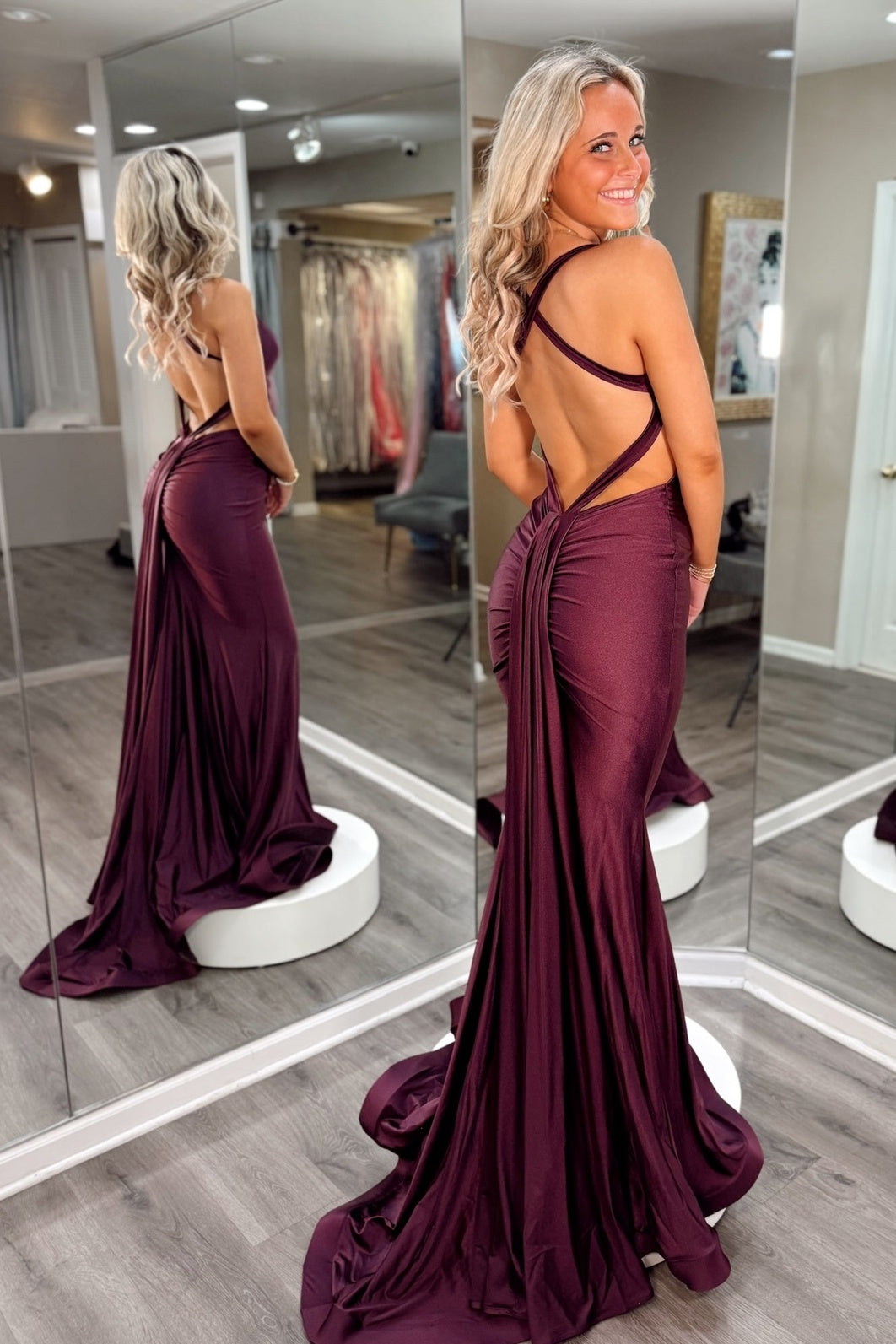 Chic Mermaid Halter Neck Brown Long Prom Dress with Train - FashionDia