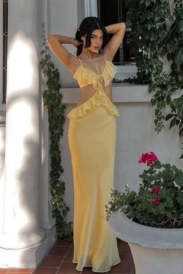 Chic Mermaid Spaghetti Straps Yellow Long Prom Dress with Ruffles - FashionDia
