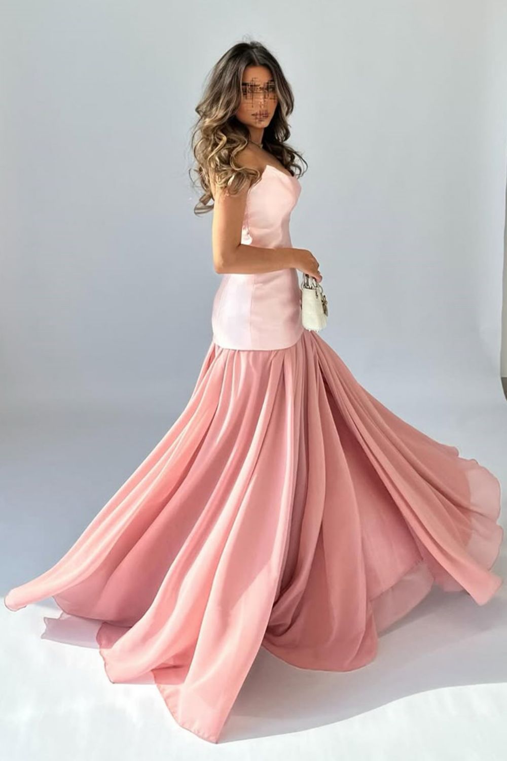 Chic Pink Mermaid Strapless Long Satin and Chiffon Prom Dress - FashionDia
