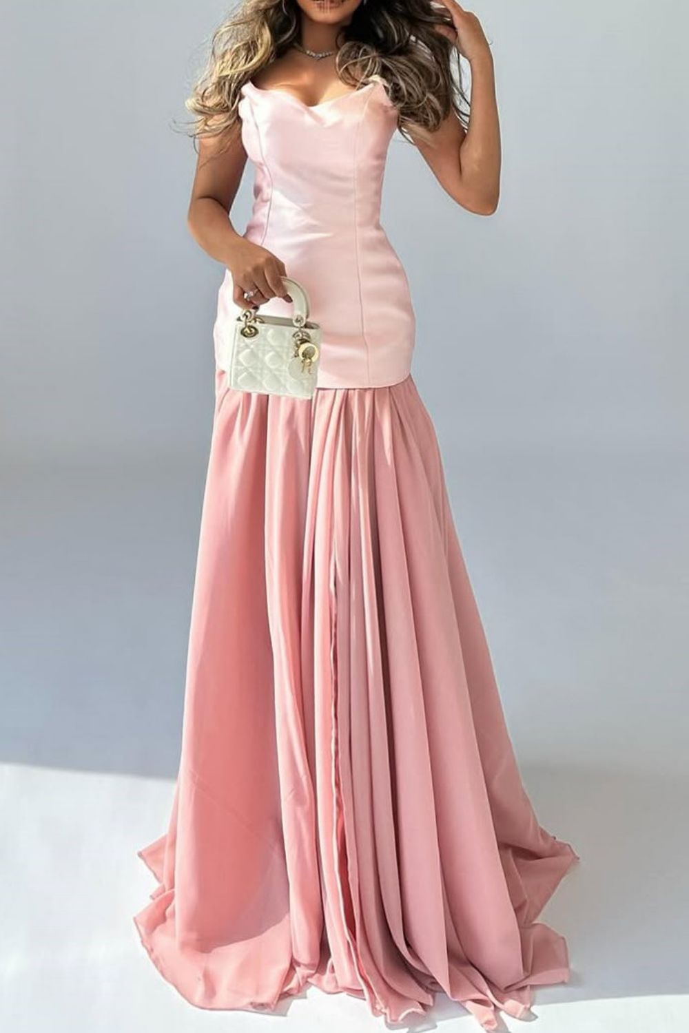 Chic Pink Mermaid Strapless Long Satin and Chiffon Prom Dress