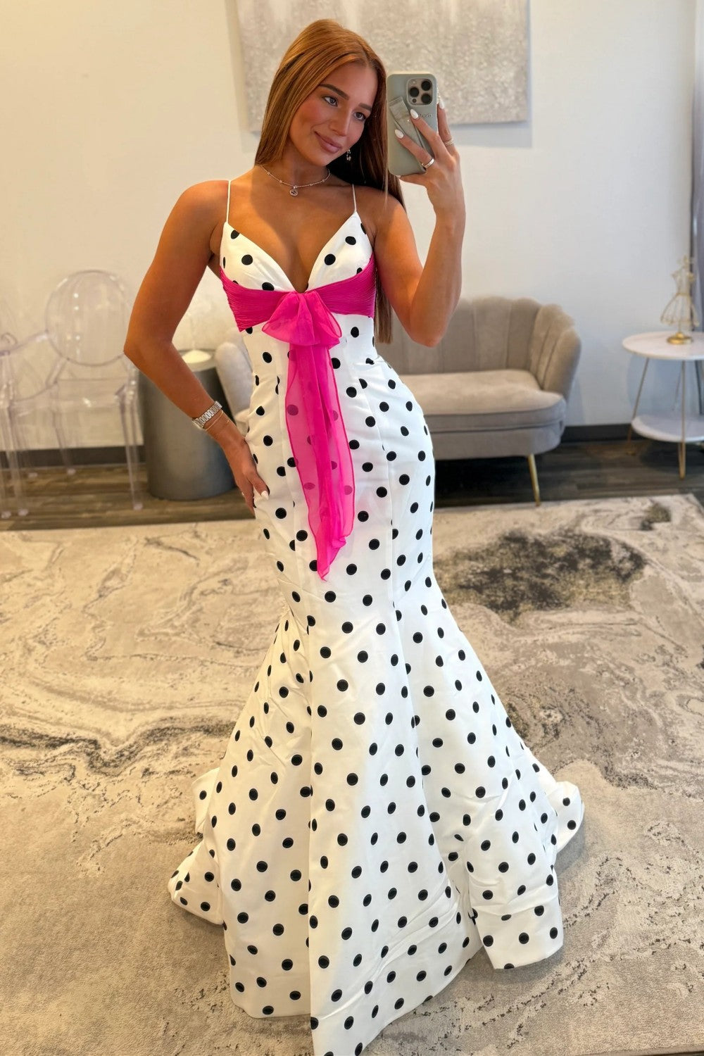 Pretty Mermaid Spaghetti Straps White Polka Dots Long Prom Dress with Bowknot