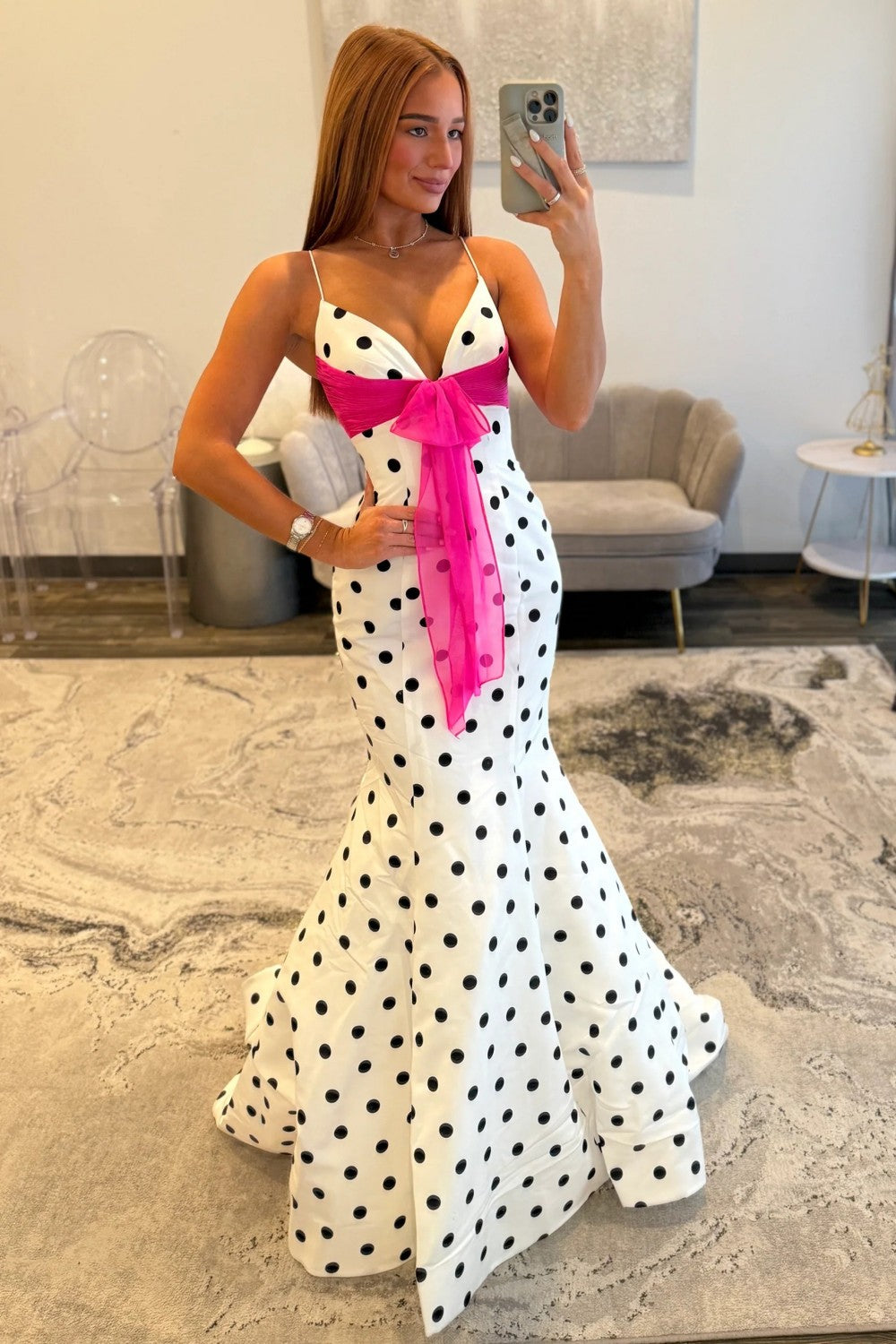 Pretty Mermaid Spaghetti Straps White Polka Dots Long Prom Dress with Bowknot