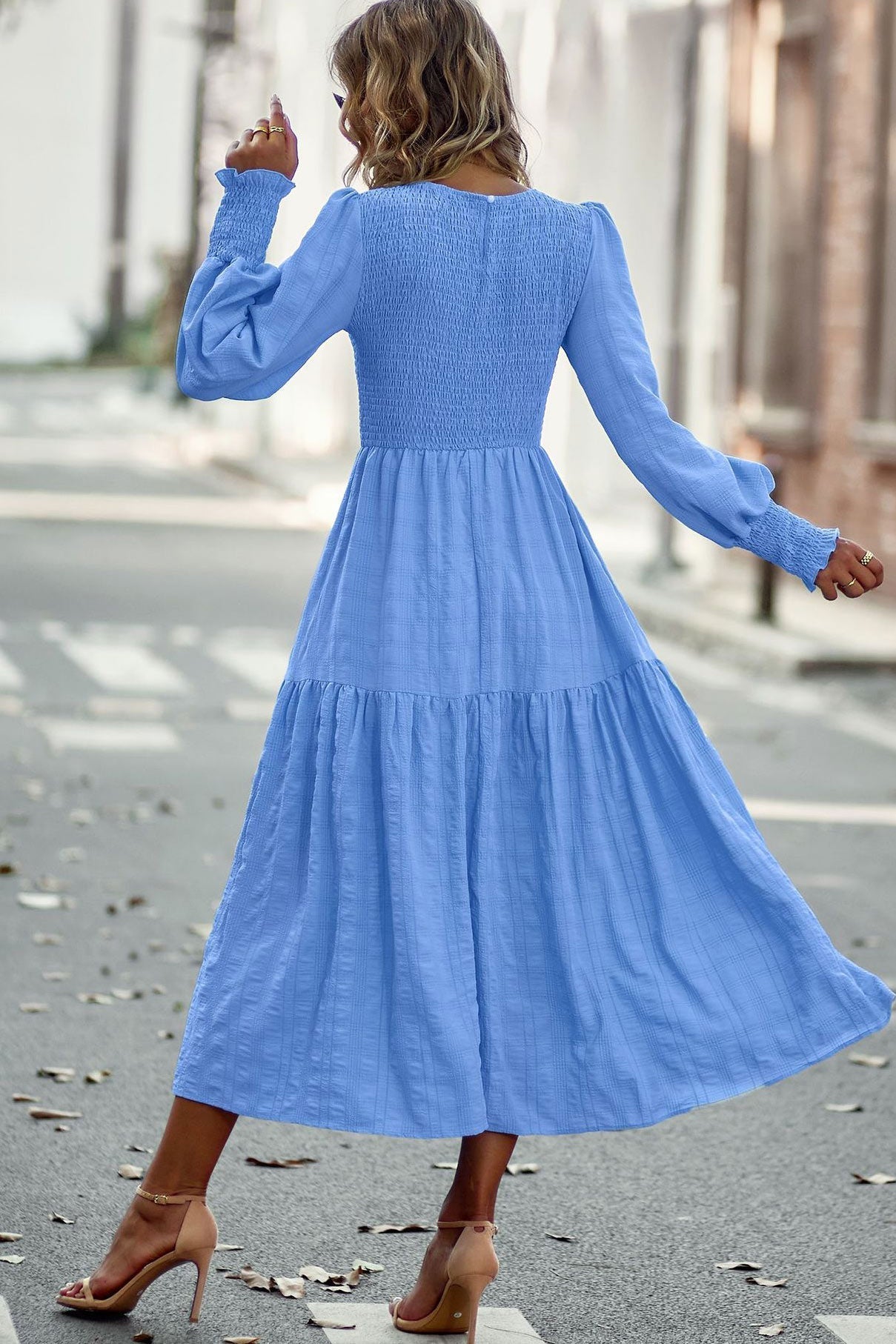 Chic Royal Blue A-Line Long Sleeve Midi Dress - Fashionpara