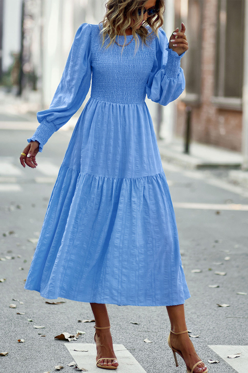 Chic Royal Blue A-Line Long Sleeve Midi Dress - Fashionpara