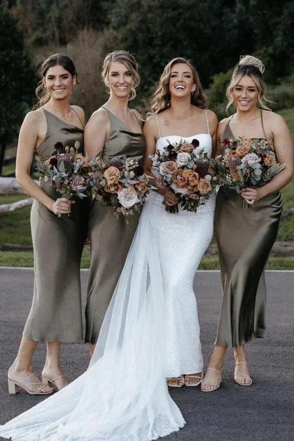 Chic Satin Sheath Bridesmaid Dresses Tea-length Short Gowns BD107 by pgmdress