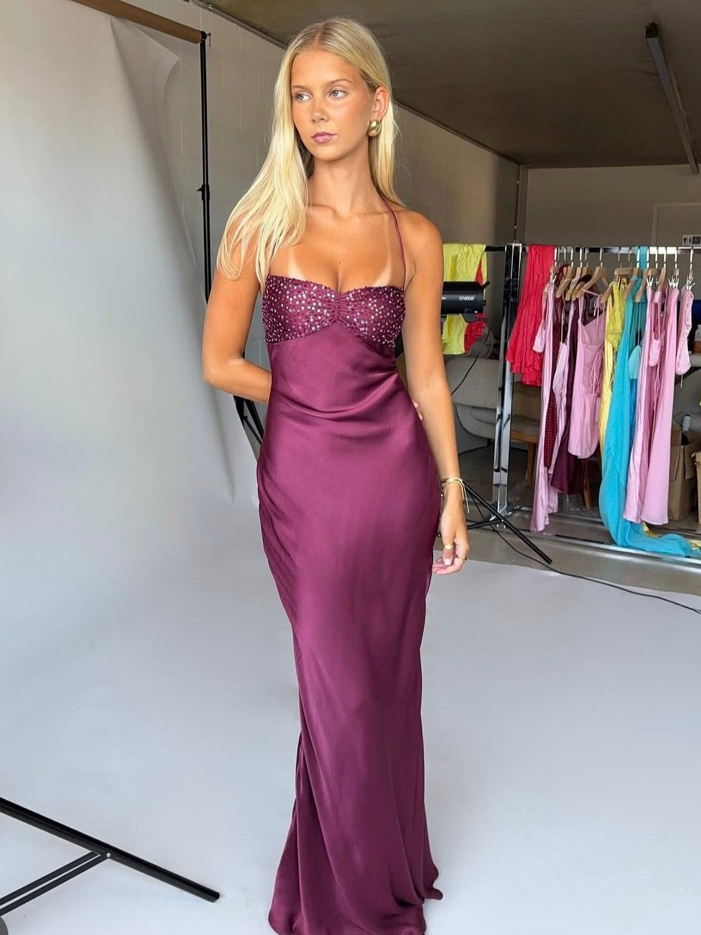Chic Sheath Spaghetti Straps Purple Long Prom Dress with Sequins - FashionDia