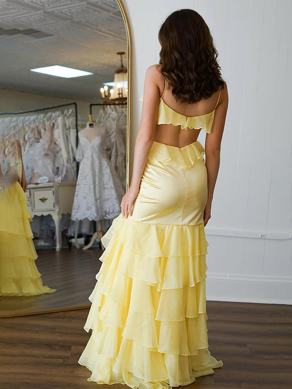 Yellow Mermaid Spaghetti Straps Keyhole Back Long Prom Dress with Ruffle Skirt - View 2 | FashionDia