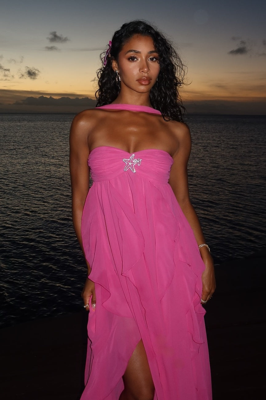 Chic A Line Halter Neck Pink Long Prom Dress with Ruffles