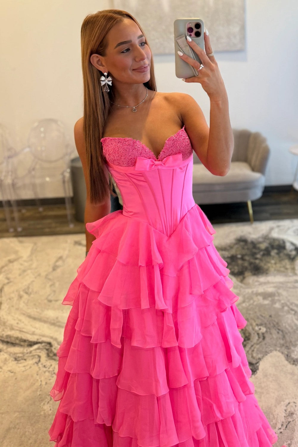 Princess A Line Sweetheart Hot Pink Corset Prom Dress with Appliques Bowknot