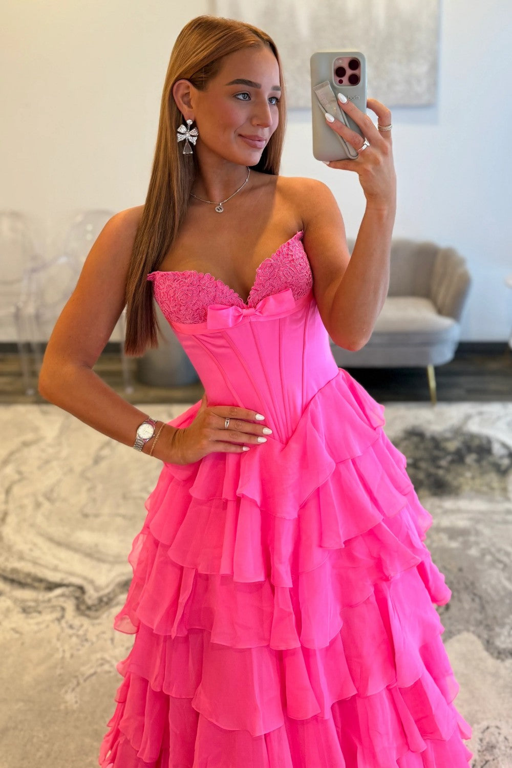 Princess A Line Sweetheart Hot Pink Corset Prom Dress with Appliques Bowknot