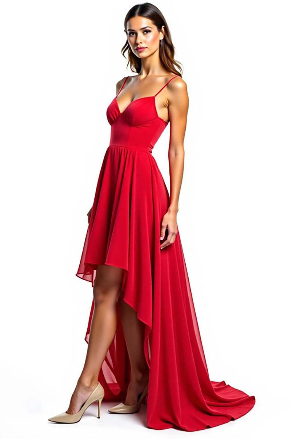 Chiffon High-Low Spaghetti Straps Red Wedding Guest Dress Formal Dress