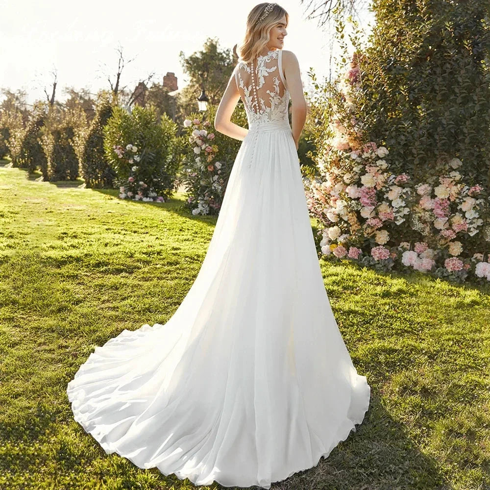 Chiffon Lace Bridal Dresses Deep V-Neck Wedding Gown A-Line Sleeveless robe de mariée bohème Buttons Backless Bride Custom Made (ZD13313)