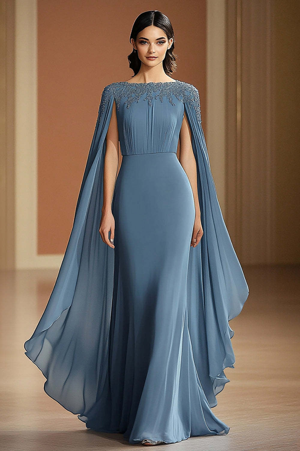 Chiffon Long Grey Blue Wedding Guest Dress Sheath Formal Dress With Shawl