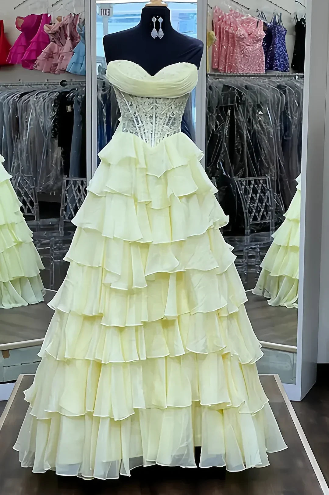Princess A Line Sweetheart Pink Corset Prom Dress with Appliques Ruffles