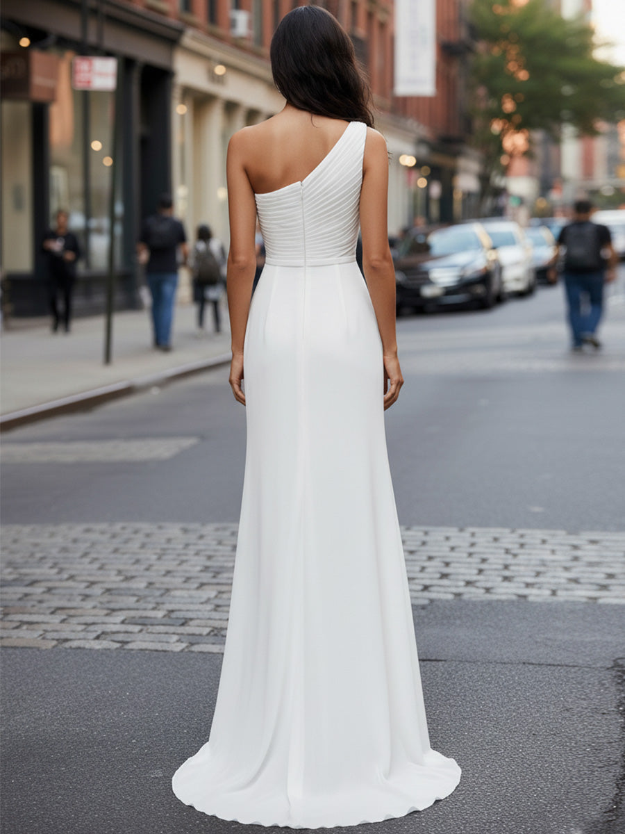 Chiffon One Shoulder Ruched Beach Maxi Engagement Dress