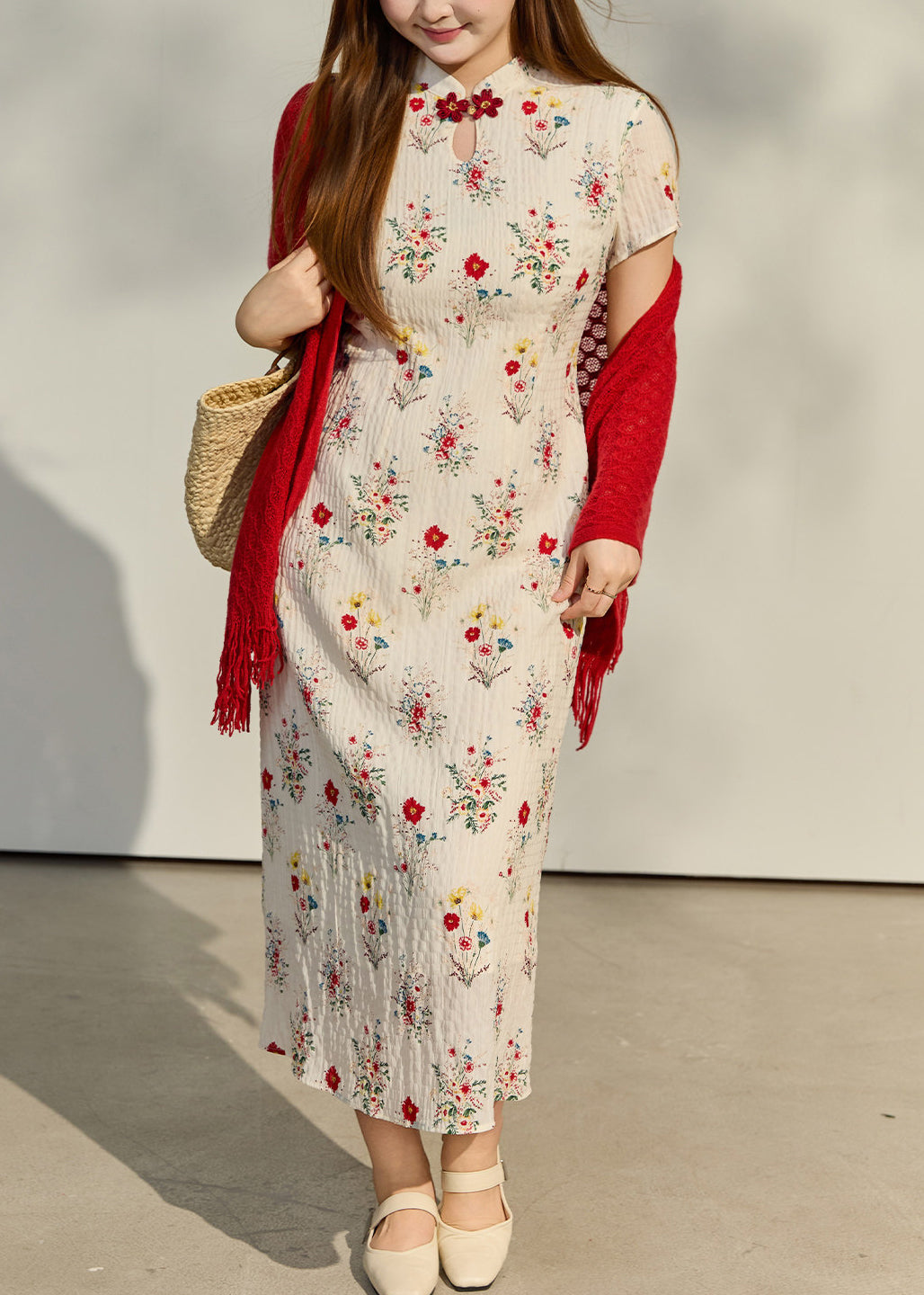 Chinese Style Apricot Print Wrinkled Chiffon Long Dresses Summer
